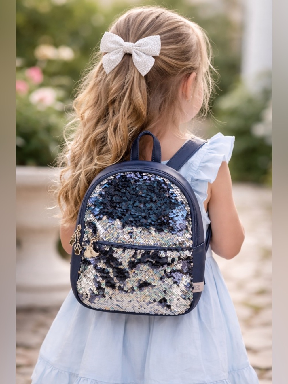 Blue Silver Reversible Sequin Mini Backpack Kids Star Charm Zip Bag
